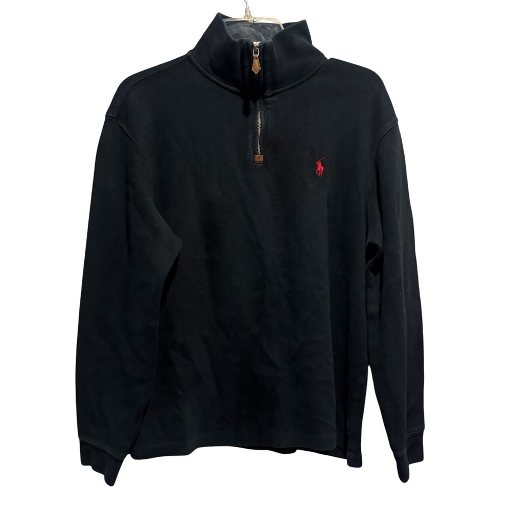 Polo Ralph Lauren Mens Quarter Zip Pullover Black Cotton Sweater Red Pony Size M